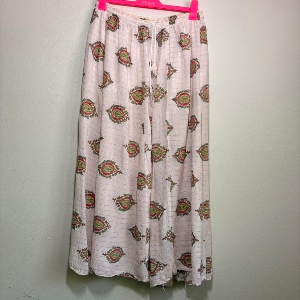 Bohemian Extra Wide Leg Pull On Baggy Pants Buta Pattern‎ Lurex Paisley Size 29